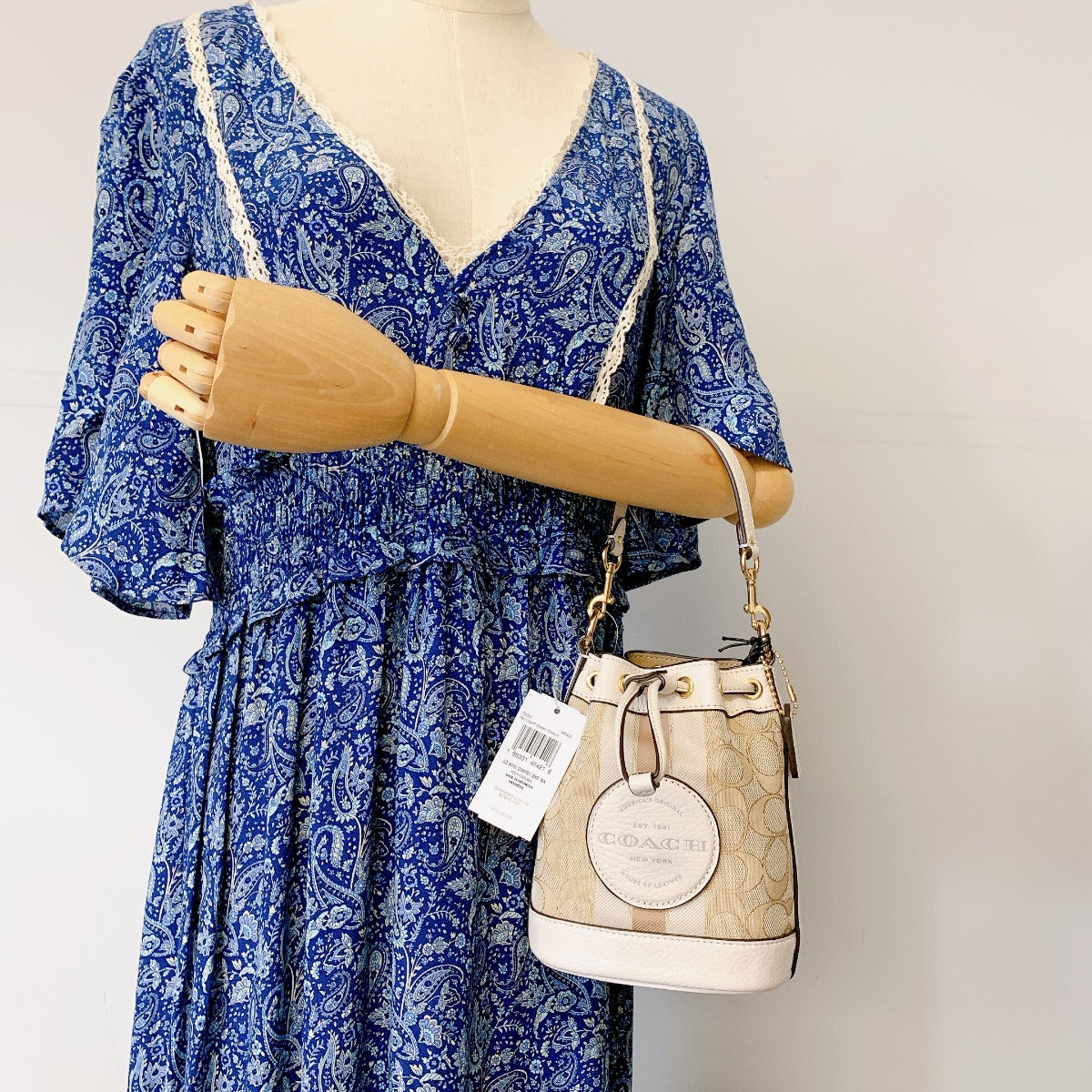 Coach C8322 Mini Dempsey Bucket Bag In Signature Jacquard In Light Khaki Chalk Coach C8322 Mini Dempsey Bucket Bag In Signature Jacquard In Light Khaki Chalk